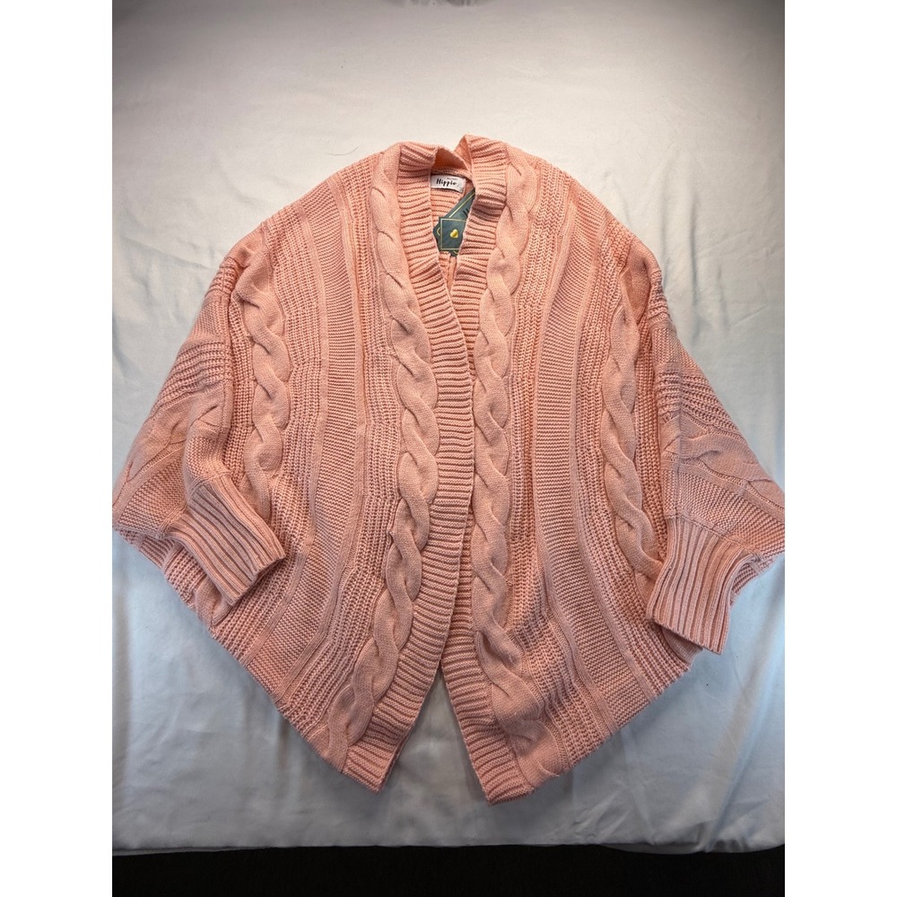 Military Hippie Women Peach Pink Cable Knit Open Front Cocoon Cardigan Sweater